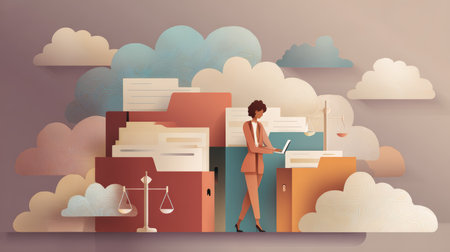 A stylized illustration of a legal professional surrounded by towering files and symbolic scales of justice, set against a backdrop of whimsical clouds.の素材