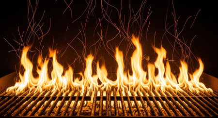 A close-up shot of a grill with intense flames rising from it, with sparks flying in the dark background, creating a dramatic and fiery scene.の素材