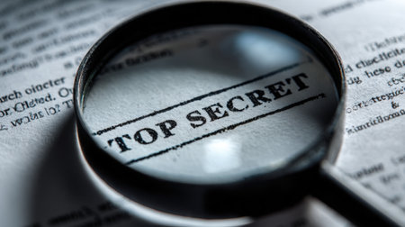 A close-up shot of a magnifying glass focusing on the words Top Secret stamped on a document, highlighting themes of secrecy, investigation, and confidential information.の素材
