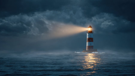 A solitary lighthouse stands tall amidst a dark, stormy ocean, its powerful beam cutting through the gloom to guide vessels safely.の素材