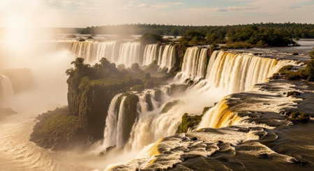 Iguazu Falls showcases the raw power and beauty of nature, with cascading water plunging into the river below, surrounded by lush greenery.の素材