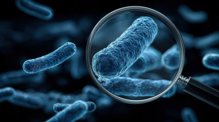A close-up view of bacteria under a magnifying glass, highlighting the intricate details of these microorganisms and their role in science and health.の素材
