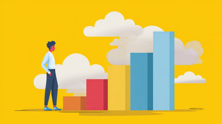 Illustration of a man looking at a bar graph representing business growth, success, and achievement. The image uses a flat design style with a yellow background.の素材