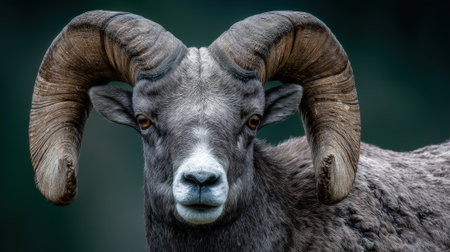 A striking close-up of a bighorn sheep, showcasing its impressive horns and rugged features against a blurred natural backdrop. A symbol of resilience and wild beauty.の素材