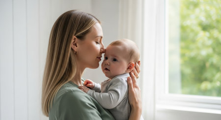 A heartwarming image of a mother expressing her love by kissing her baby's forehead, creating a beautiful and intimate scene filled with affection and care.の素材
