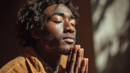 A serene portrait of a man with closed eyes, hands clasped in prayer, bathed in soft light, evoking peace and introspection. Focus on faith and inner peace.の素材