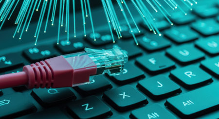 A close-up shot of a red Ethernet cable resting on a dark laptop keyboard, with glowing fiber optic strands in the background, symbolizing fast and modern internet communication and network technology.の素材