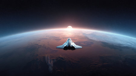 A sleek spaceship soars through the cosmos, its destination a bright planet on the horizon, symbolizing exploration and the future of space travel.の素材