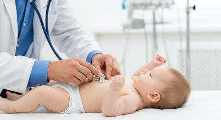 A doctor in a white coat uses a stethoscope to examine a baby lying on an examination table during a checkup, focusing on the baby's health.の素材