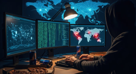 A hacker wearing a hoodie sits in front of multiple monitors displaying code and a world map, illuminated by a desk lamp.の素材