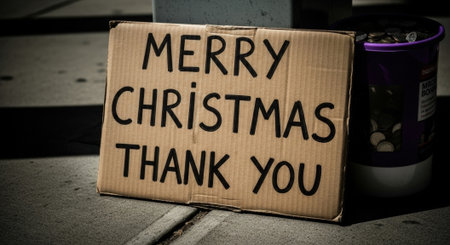 A cardboard sign with Merry Christmas Thank You handwritten on it, expressing gratitude and holiday wishes. The sign is placed on the ground, conveying a simple, heartfelt message.の素材