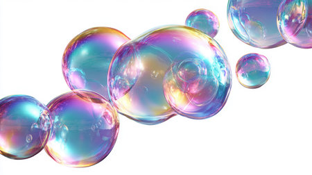 A cluster of iridescent soap bubbles floats against a clean white backdrop, showcasing a spectrum of colors and reflections.の素材