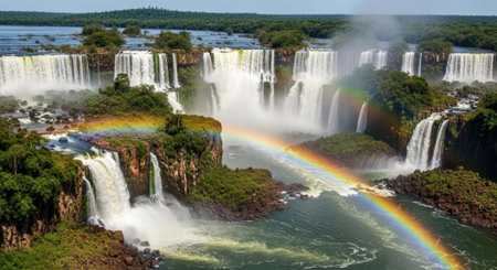Iguazu Falls showcases its grandeur with cascading water and a vibrant rainbow, highlighting the natural beauty and power of this iconic landmark.の素材