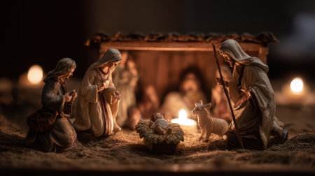 A serene nativity scene illuminated by candlelight, capturing the essence of Christmas and the birth of Jesus Christ in a peaceful setting.の素材