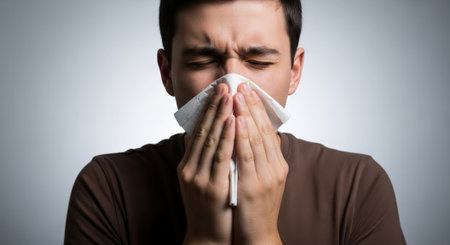 A man is sneezing into a tissue, likely suffering from a cold or the flu. He is wearing a brown shirt and has a look of discomfort.の素材