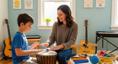 A young boy learns to play the djembe drum with his teacher in a bright, music-filled room, surrounded by various instruments.の素材