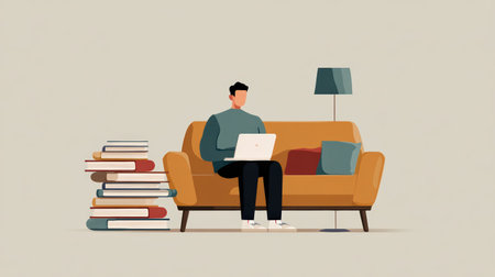 A man is sitting on a couch working on his laptop with a stack of books next to him and a lamp behind the couch.の素材