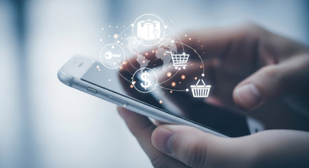 Close-up of hands using a mobile phone with e-commerce icons floating above the screen, illustrating online shopping and digital commerce.の素材