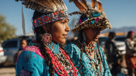 Two Native American women stand side-by-side, adorned in vibrant traditional clothing and headdresses, celebrating their heritage at a cultural gathering.の素材