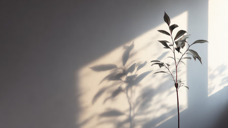 A slender plant casts a striking shadow on a sunlit wall, creating a minimalist and serene composition with natural light and dark contrast.の素材