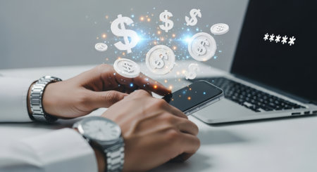 A man securely manages finances online using a laptop and smartphone, emphasizing digital banking security and financial technology.の素材