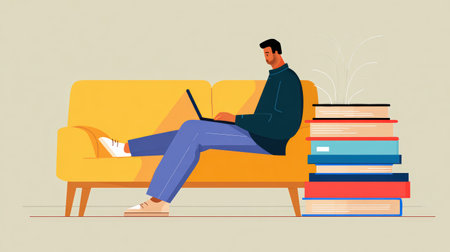 An illustration of a man working on a laptop while sitting on a yellow sofa with a stack of books nearby.の素材