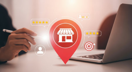 A digital marketing concept showing a business location pin on a map, symbolizing online presence and local business strategy with a laptop.の素材