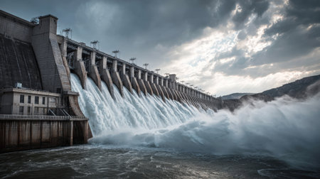 A wide shot of a large concrete dam with water cascading over its edge, set against a dramatic, cloudy sky. The image captures the power and scale of the infrastructure.の素材