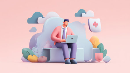 A stylized 3D render of a man sitting and working on a laptop, surrounded by clouds and digital elements.の素材