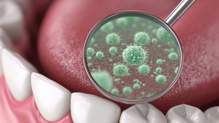 A magnified view of oral bacteria on teeth and tongue, highlighting the importance of dental hygiene and the presence of plaque.の素材