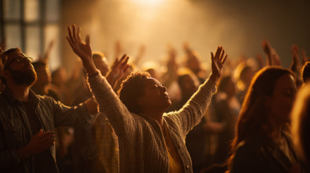 A diverse group of people passionately raise their hands in worship during a church service, bathed in warm, golden light, showing faith and community.の素材