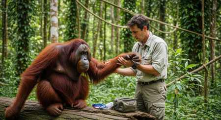A researcher interacts with an orangutan in a rainforest, showcasing wildlife conservation and scientific study in a natural habitat.の素材
