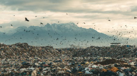 A vast landfill stretches to the horizon, teeming with birds, set against a backdrop of distant mountains under a cloudy sky.の素材