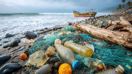 A beach littered with plastic bottles, fishing nets, and other debris, highlighting the environmental impact of pollution on marine ecosystems. A boat is visible in the background.の素材