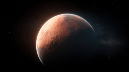 A detailed view of the red planet Mars, showcasing its surface features and atmospheric conditions in the vast expanse of space.の素材