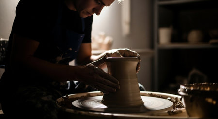 A potter is seen shaping clay on a spinning wheel in a dimly lit workshop, focusing on the craft.の素材