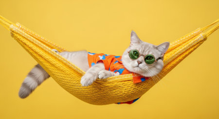 A cute cat wearing sunglasses relaxing in a yellow hammock against a vibrant yellow backdrop, enjoying leisure time.の素材