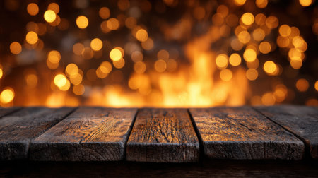 A rustic wooden table is set against a blurred background of warm lights and a hint of fire, creating a cozy atmosphere.の素材