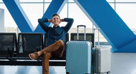 A smiling man sits comfortably in an airport waiting area with his luggage, hands behind his head, exuding a relaxed and confident vibe before his flight.の素材
