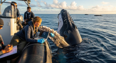 Researchers on a boat studying a humpback whale in the ocean, focusing on conservation efforts and marine life.の素材