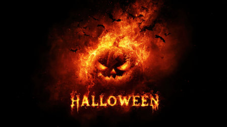 A spooky Jack O Lantern pumpkin is on fire with glowing eyes and mouth. The word Halloween is written in flames below, with bats flying in the fiery background.の素材