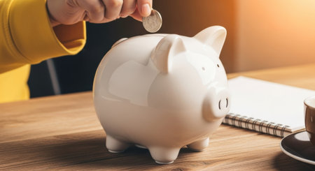 A hand drops a coin into a white piggy bank on a wooden table, symbolizing savings and financial planning.の素材