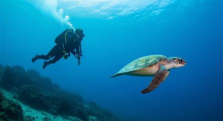 A captivating underwater scene unfolds as a scuba diver observes a magnificent sea turtle gracefully swimming through the crystal-clear blue waters of the ocean, highlighting marine life and exploration.の素材