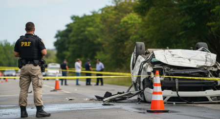 A flipped car lies amidst debris, cordoned off by yellow tape, as law enforcement officers investigate the aftermath of a car crash.の素材