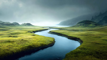 A tranquil river meanders through a vibrant green landscape, leading towards distant hills under a dramatic, cloudy sky. Natures beauty captured in a single frame.の素材