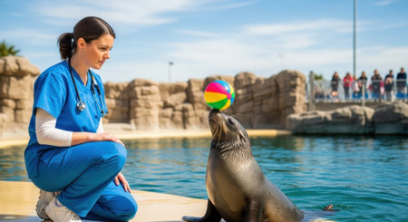 A seal balances a colorful ball on its nose while a trainer watches at a marine park, with spectators in the background.の素材