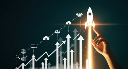 A rocket launches upwards, symbolizing business growth, innovation, and success, accompanied by upward-trending graphs and technology icons.の素材