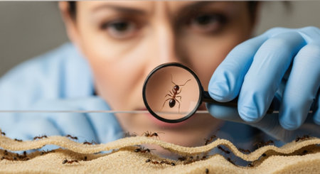 A scientist wearing blue gloves is examining ants in an ant farm using a magnifying glass for a closer look.の素材