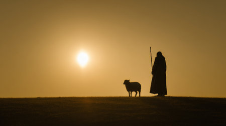 A striking silhouette captures a shepherd with a staff standing beside a sheep, both outlined against the vibrant, warm glow of a setting sun on a clear horizon, evoking a sense of peace and ancient tradition.の素材