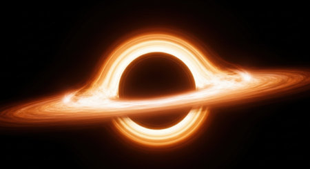A simulated image of a black hole surrounded by an accretion disk, showcasing the effects of gravitational lensing and the bending of light.の素材